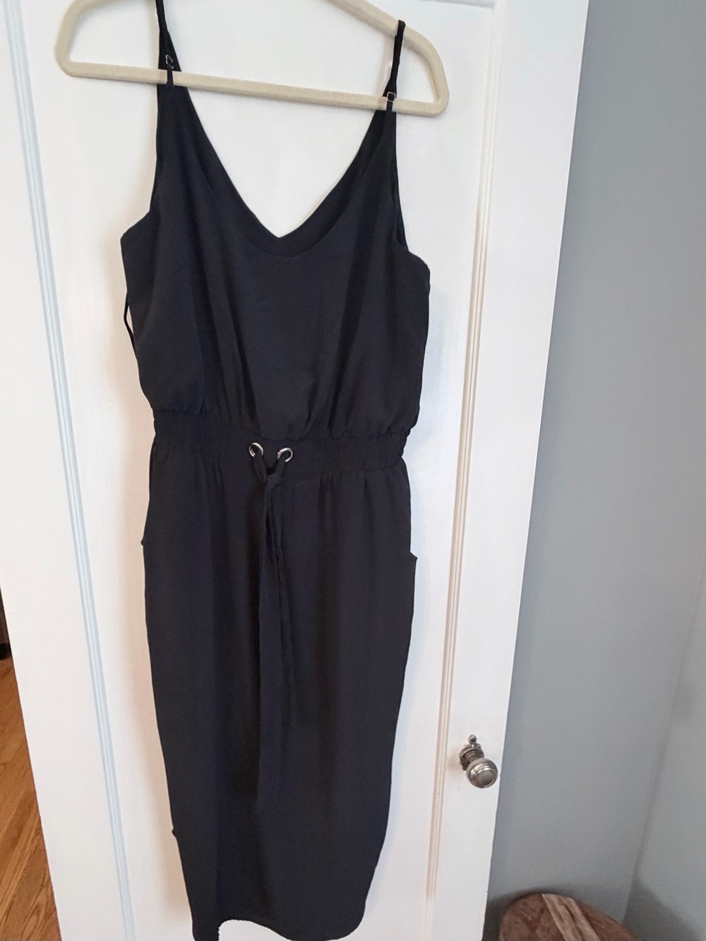 Showpo Black V-Neck Drawstring Strap Midi Slip Dress